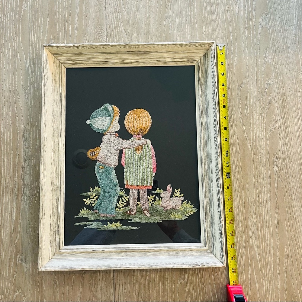Framed Vintage Embroidery 1976- Little Boy and Girl 15” X 19” - Picture 16 of 16